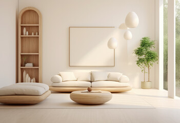 Bright living room with minimalistic white deco. Interior design concept image. Generative AI.