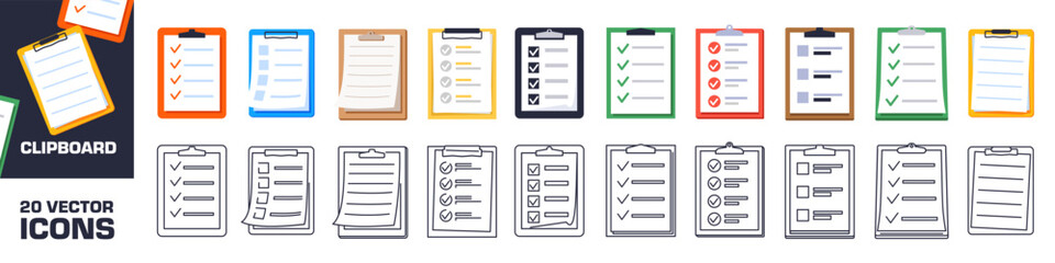 Clipboard icon set. Checklist icon set. Linear style.