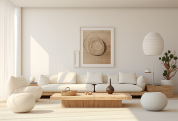 Fototapeta na wymiar Bright living room with minimalistic white deco. Interior design concept image. Generative AI.