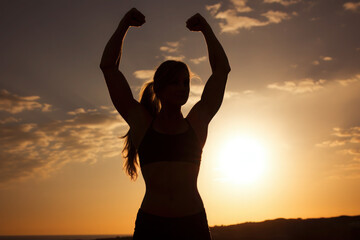 Fototapeta premium silhouette of a girl showing strong, muscular arms. fitness and sports. healthy woman. victory and perseverance.