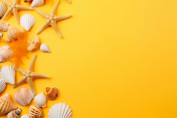 top view, flat lay. yellow, orange background with seashells. tourism and summer. frame, template and place for text.