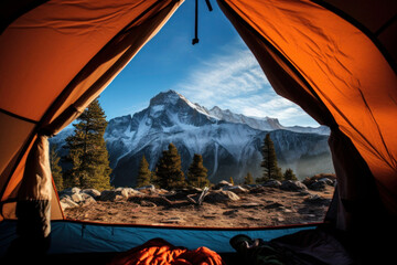 View from inside a tent to the mountains valley with glacier landscape, pov view trekking. hiking, trekking and sports.