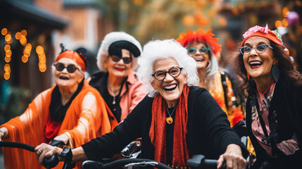 Group of Senior Friends Having a Costume Parade, happy seniors celebrating Halloween, wide banner with copy space area Generative AI