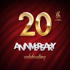 20 golden numbers, Anniversary white paper text and Celebrating word made of golden ribbons on red curtain background. Vector twenty anniversary celebration event square template