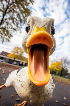 selfie, wide angle duck portrait. funny duckling swims in the lake and smiles. birds in the wild.