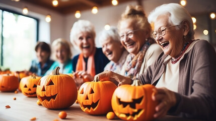 Seniors Competing in Pumpkin Decorating Contest, happy seniors celebrating Halloween, wide banner with copy space area Generative AI