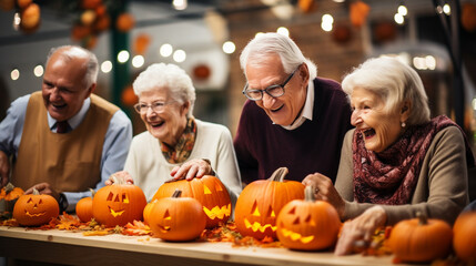 Seniors Competing in Pumpkin Decorating Contest, happy seniors celebrating Halloween, wide banner with copy space area Generative AI