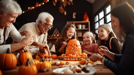 Grandparents and Grandkids Building a Haunted Gingerbread House, happy seniors celebrating Halloween, wide banner with copy space area Generative AI