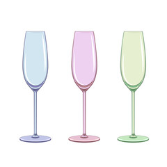 Realistic vector icons - tall champagne glasses made of colored glass. Flat design.