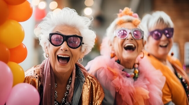 Seniors Participating in a Costume Fashion Show, happy seniors celebrating Halloween, wide banner with copy space area Generative AI