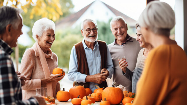Seniors Hosting a Pumpkin Carving Party for Neighbors, happy seniors celebrating Halloween, wide banner with copy space area Generative AI