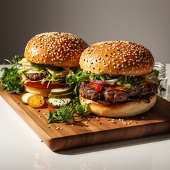 Two tasty hamburgers with fresh vegetables on a wooden cutting board