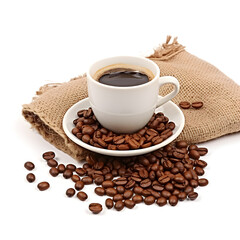 Espresso Coffee Cup with Beans on Rustic Table, and a jute bag resting nearby, isolated on white background