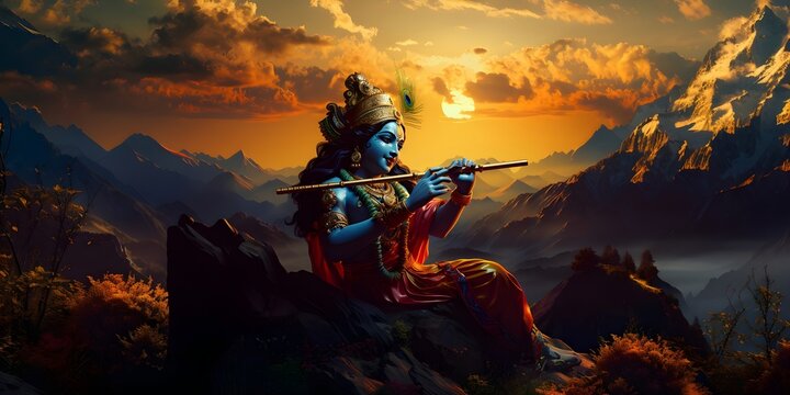 Indian God Lord Krishna Playing Flute High Resolution Illustration Generative, A.I	