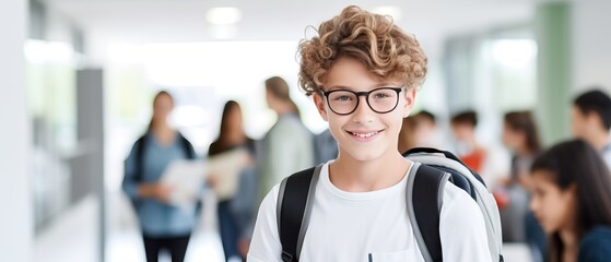 Portrait of positive European male teenager student wearing backpack glasses holding books and tablet in class with white big glass window and blured students in class background