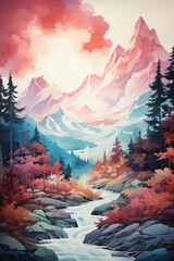 Mountain Peaks minimalist watercolor landscape art	