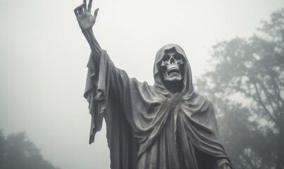 Obraz premium evil ghost skeleton creepy fear horror death halloween night hood. Generative AI.