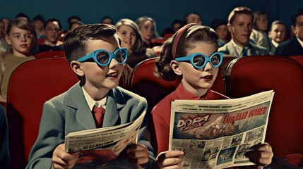 Vintage children wearing retro 3d glasses and reading superhero comics