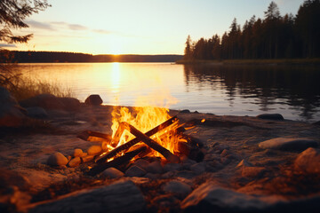 A campfire in the woods, near a lake, in the evening