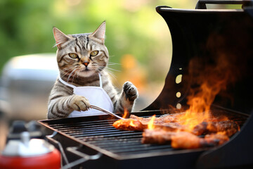 Funny cat chef cooking a barbeque at grill