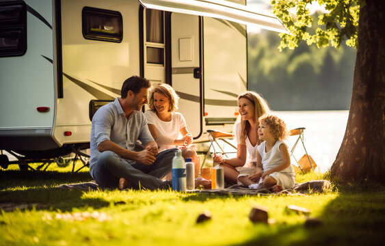Caravan holiday trip, a family enjoying nature in vacation