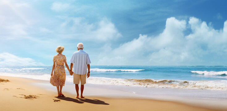 Senior couple enjoying a walk on the beach