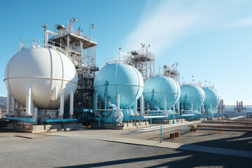 A wide angle image of a generic hydrogen power plant with tanks and pipes. Hydrogen clean power concept.