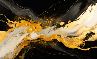 Abstract splattered black and gold paint splash painting