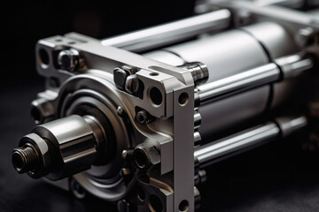 Unveiling the Intricate Machinery: A Macro Perspective of a Robust Pneumatic Cylinder Assembly - obrazy, fototapety, plakaty
