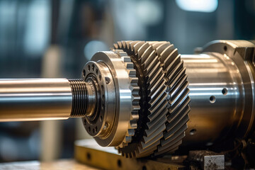 Precision Macro Capture: Speed Reducer Shaft amidst Blurred Industrial Machinery in Manufacturing Plant