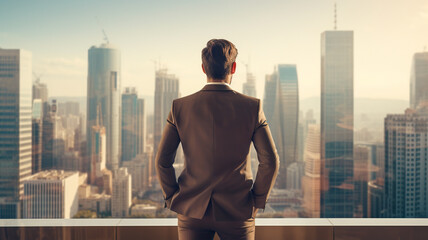 Businessman in suit looking at city from rooftop