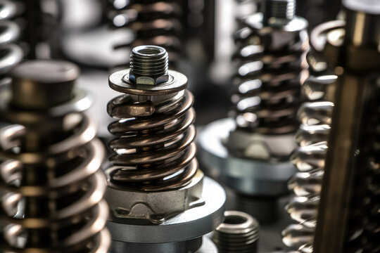 Enhancing Workplace Safety: Detailed Macro View of Metal Spring Vibration Isolators, Nuts, and Bolts on Industrial Machinery