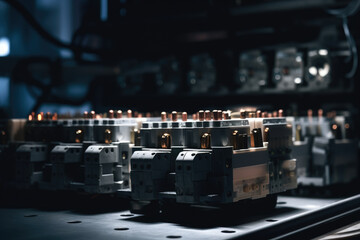 Captivating Close-up: Exquisite Precision of Industrial Contactors Amidst an Enigmatic Darkness