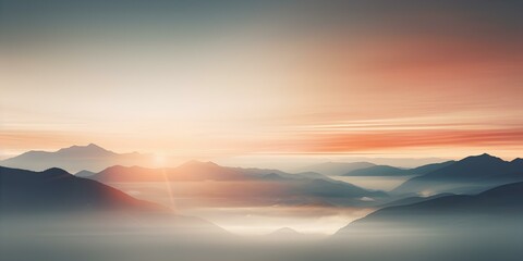 A blurry image, a banner, the sun rising over the mountains in the style of a bokeh panorama.