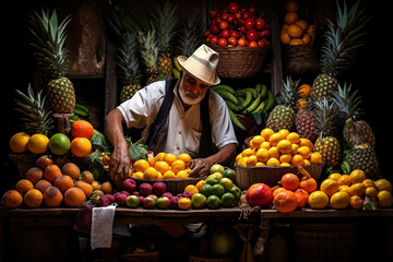 An intriguing image capturing a seller in a South American market, proudly displaying exotic fruits and spices, the scene infused with the flavors of the region 