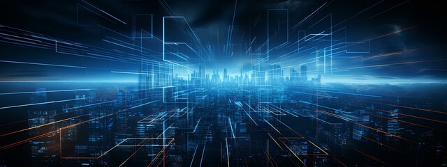 The background is cyberspace with a digital city, in the style of dark blue, intertwined technological interconnections and abstract lines.