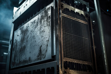 A mesmerizing close-up image showcasing the captivating intricacies of an Electrostatic Precipitator, where electrified metallic plates diligently gather minuscule particles amidst the backdrop