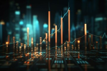 Finance backdrop unites stats, candlesticks, bar chart, uptrend arrow for economy theme Generative AI