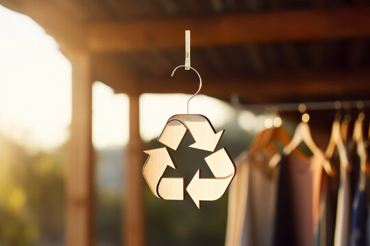 Recycling symbol hanging on a hook on blurred clothes shop. Recycling concept