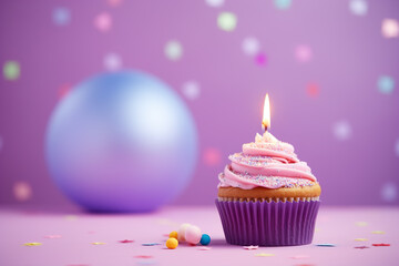 Birthday cupcake with candle and colorful confetti on purple background