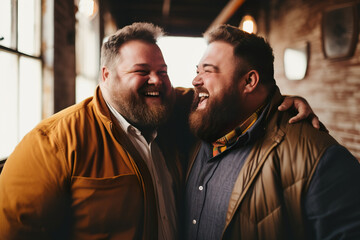 Two overweight smiling men hugging each other and laughing while standing in a cafe - obrazy, fototapety, plakaty
