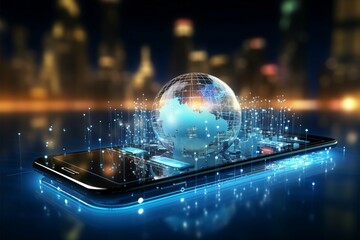 Futuristic mobile commerce, smartphone tech, and digital communication 3D visualization Generative AI
