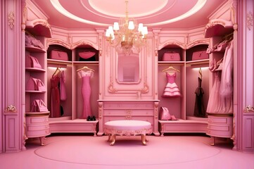 A room with a pink dressing room and a pink dressing table