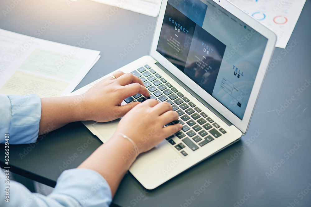 Poster laptop, hands and closeup of businesswoman typing working on company website development. technology