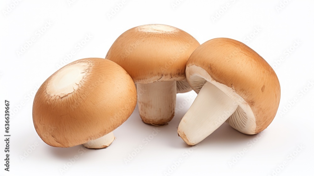 Poster brown cap champignons with slice of champignon mushroom isolated on white background. close-up. crea