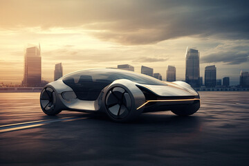 futuristic electric car drive futuristic city