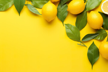 Fresh lemons with green leaves on yellow background. Top view with copy space