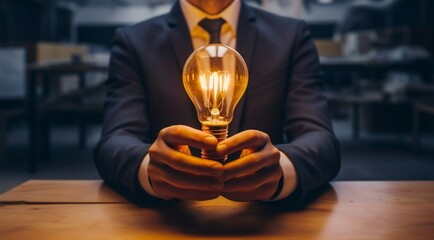 Office executive holds light bulbs, sparking innovation and inspiration Generative AI