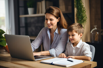 Fototapeta na wymiar Smiling mother and son looking at laptop at table in home office