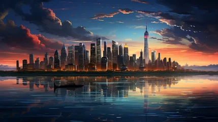 a city skyline with high rise buildings lit up in the evening. © 121icons